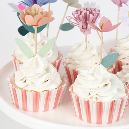 Meri Meri Flower Garden Cupcake Kit (Pack of 12), Flower Cupcake Decorations, 12 Cupcake Toppers & 12 Pink and White Striped Cupcake Liners