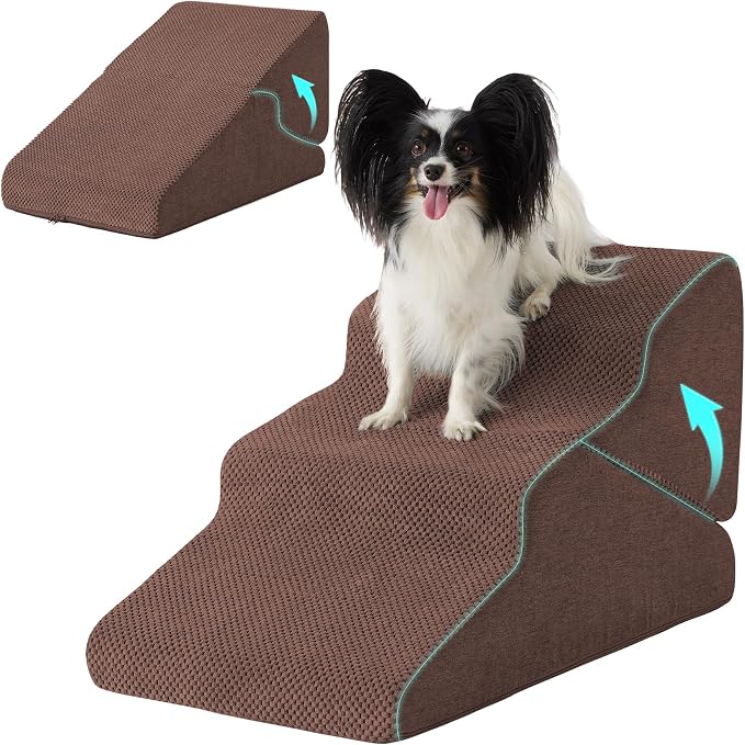 Dog Stairs for Small Dogs 16’’ H, 3-Step Dog Steps for Bed, Foldable Pet Stairs and Ramp for Dogs and Cats to Get on Beds, Couch, Non-Slip Balanced Pet Steps with Waterproof Cover, Brown