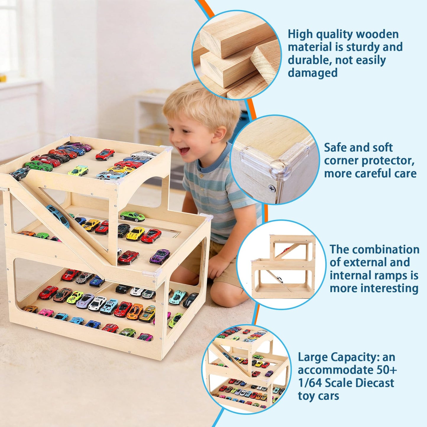 Wooden Display Case For Hot Wheels & Matchbox, 3-Level Large Capacity 1/64 Scale Matchbox Hot Wheels Toy Car Display Case Parking Garage With Ramp Diy Scale Diecast Toy Car Storage Box For 50 Toy Cars