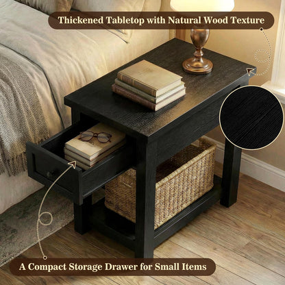 Armocity Narrow End Table with Charging Station - Farmhouse Side Table with Drawer, 14" Wide Wood Nightstand Slim Couch Bedside Table for Living Room Bedroom Small Spaces, Black
