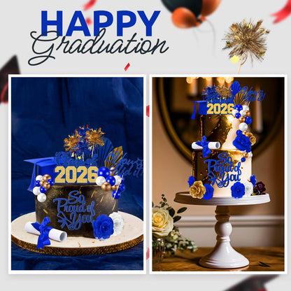 Sureio 48 Pcs Graduation Cake Toppers Class of 2026 Congrats Grad Cake Decor Graduation Cap Diploma Artificial Flower Card Ball Palm Leaves Firework Stick Kit for Theme Party Supplies(Blue, Gold)