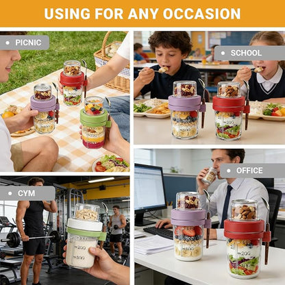 16+4 OZ Glass Mason Jars,Overnight Oats Containers with Lids and Spoon,Removable Independent Compartment,Large Capacity Airtight Jar for Milk,Fruit,Cereal,4 Pack(Purple/Green/White/Red)