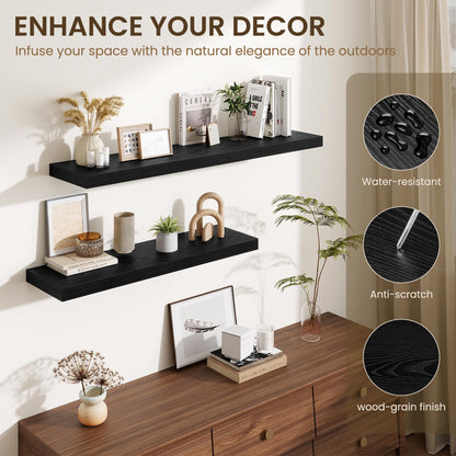 Fun Memories Floating Shelves for Wall, 32 Inch Long Floating Shelves Set of 2, 32 x 10 Wooden Shelves for Wall, Large Storage Shelves, Hanging Shelves for Bathroom Kitchen Bedroom, Black
