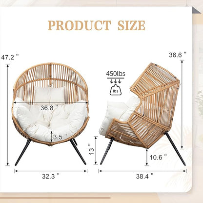 Vongrasig Wicker Egg Chair PE Rattan Chair with Cushion, Oversized Patio Lounge Chair for Outdoor, Indoor, Balcony, Backyard, Garden, Living Room, Beige