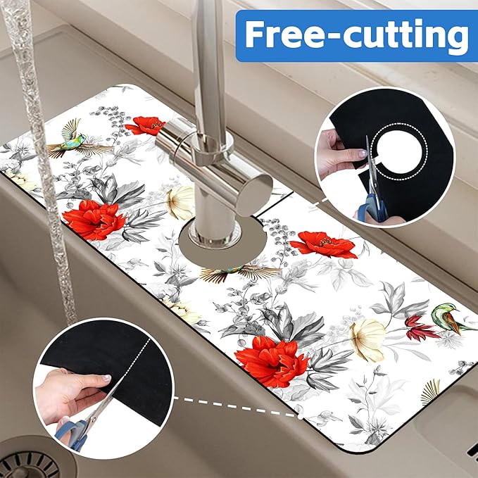 Poppy Wildflower Nightingale Sink Faucet Absorbing Mat Sink Splash Guard Faucet