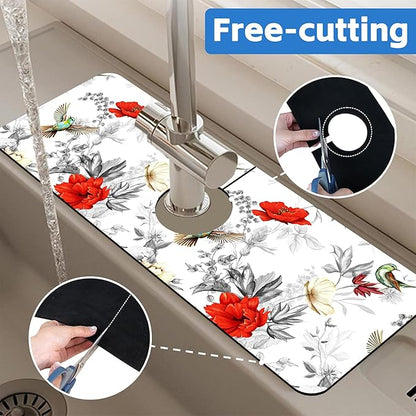 Poppy Wildflower Nightingale Sink Faucet Absorbing Mat Sink Splash Guard Faucet