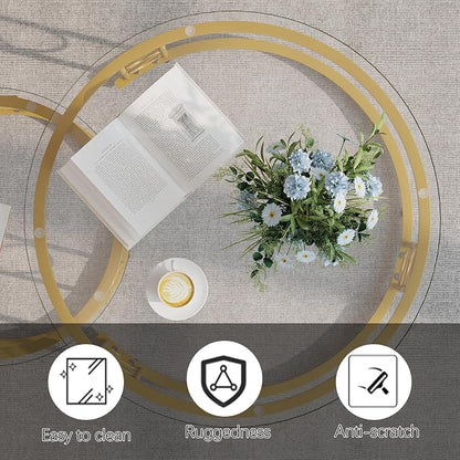 Garden 4 you Nesting Coffee Table, 23.6" Round Coffee Table Set of 2, Glass Nesting Table with Metal Frame, Ceter Tables for Living Room Bedroom Balcony, Gold