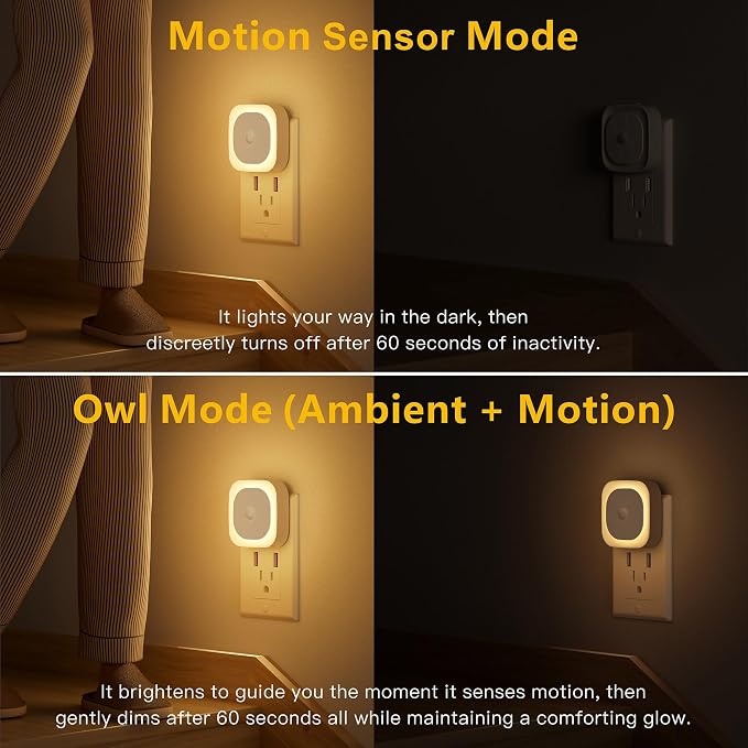YUNLEX 2 Pack Plug in Night Light with Motion Sensor & Dusk to Dawn Sensor, 3 in 1, Dimmable Reflected Light, Warm White Nightlight for Living Room, Bathroom, Hallway, Stairs