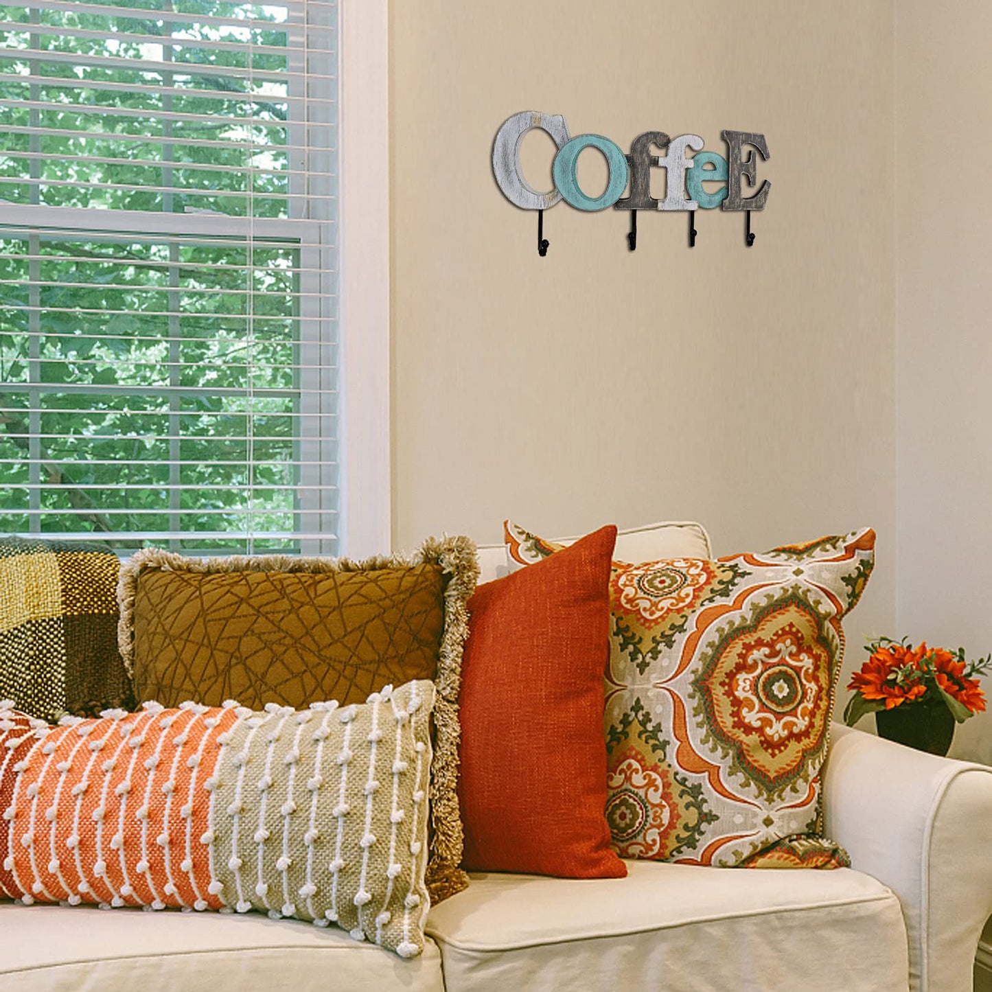 Linfevisi Wooden Coffee Sign Aqua Hanging Block Letters Sign Rustic Wood Word Decor Coffee Wall Sign Cutout Word Art Wall Decor Decorative Key Holder Hanger with 4 Hooks (coffee)
