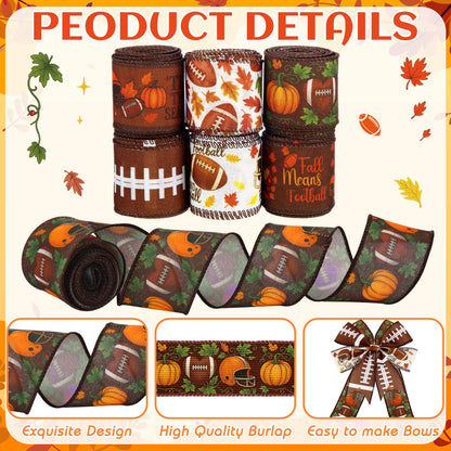 Juexica 6 Rolls Football Fall Wired Edge Ribbon 2 Inch x 30 Yards Brown Orange DIY Crafts Fabric Rustic Football Ribbons for Gift Wrapping Bows Party Wreath Floral Decoration Sewing Supplies