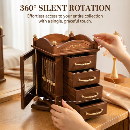 GuaziV Wooden Jewelry Organizer for Women, 360° Rotating Jewelry Box with 4 Drawers, Necklace & Ring Holder, Tangle-Free Jewelry Storage Cabinet for Vanity and Bedroom