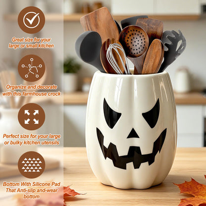 pinata Halloween Kitchen Decor Ceramic White Pumpkin Utensil Holder, Cute Halloween Utensils Holder, Ceramic Utensils Crock for Rustic Farmhouse Indoor Kitchen Decorations(6.3 Inches)