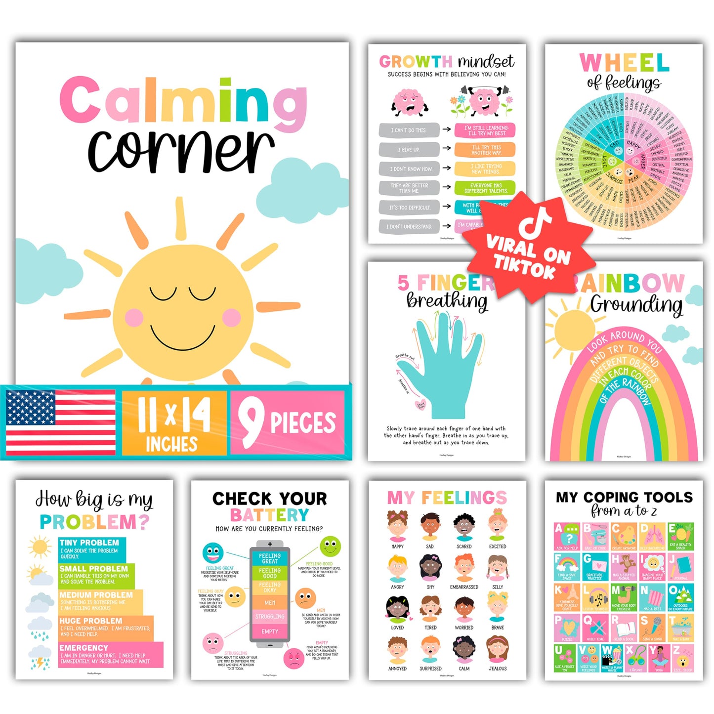 Hadley Designs 9 Calming Corner Posters for Classroom Must Haves - Calm Down Corner Supplies with Emotions Chart, School Counselor Mental Health Poster, Feelings Chart For Kids, Pastel Classroom Decor