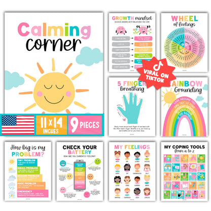 Hadley Designs 9 Calming Corner Posters for Classroom Must Haves - Calm Down Corner Supplies with Emotions Chart, School Counselor Mental Health Poster, Feelings Chart For Kids, Pastel Classroom Decor