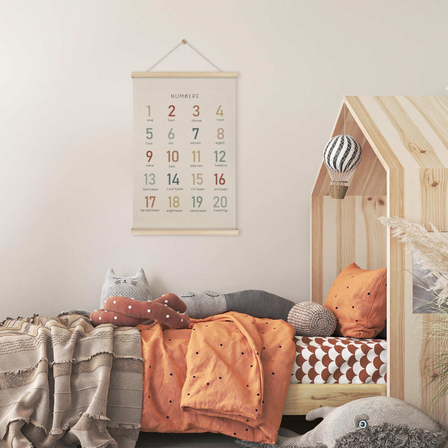 HRQKO Boho Numbers Alphabet Poster Hanger Frame, Nursery Wall Decor, Boho Learning Poster Wall Art with Wooden Frames, Numbers Banner Wall Hanging Decor for Boys Nursery Toddler Playroom, 16x24 inch
