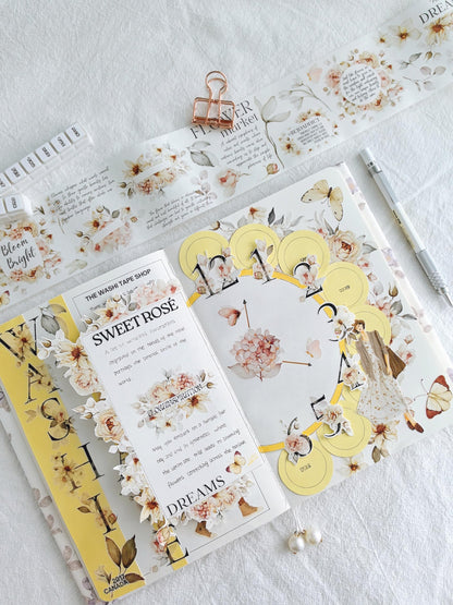 WT Pre-Cut Sweet Rosé Wide Washi Tape, Single Roll, Original Designs, Dreamy Rose Motifs & Subtle Handwritten Accents, Decorative Japanese Paper Tape for Journaling, Scrapbooking, Planner, DIY Crafts