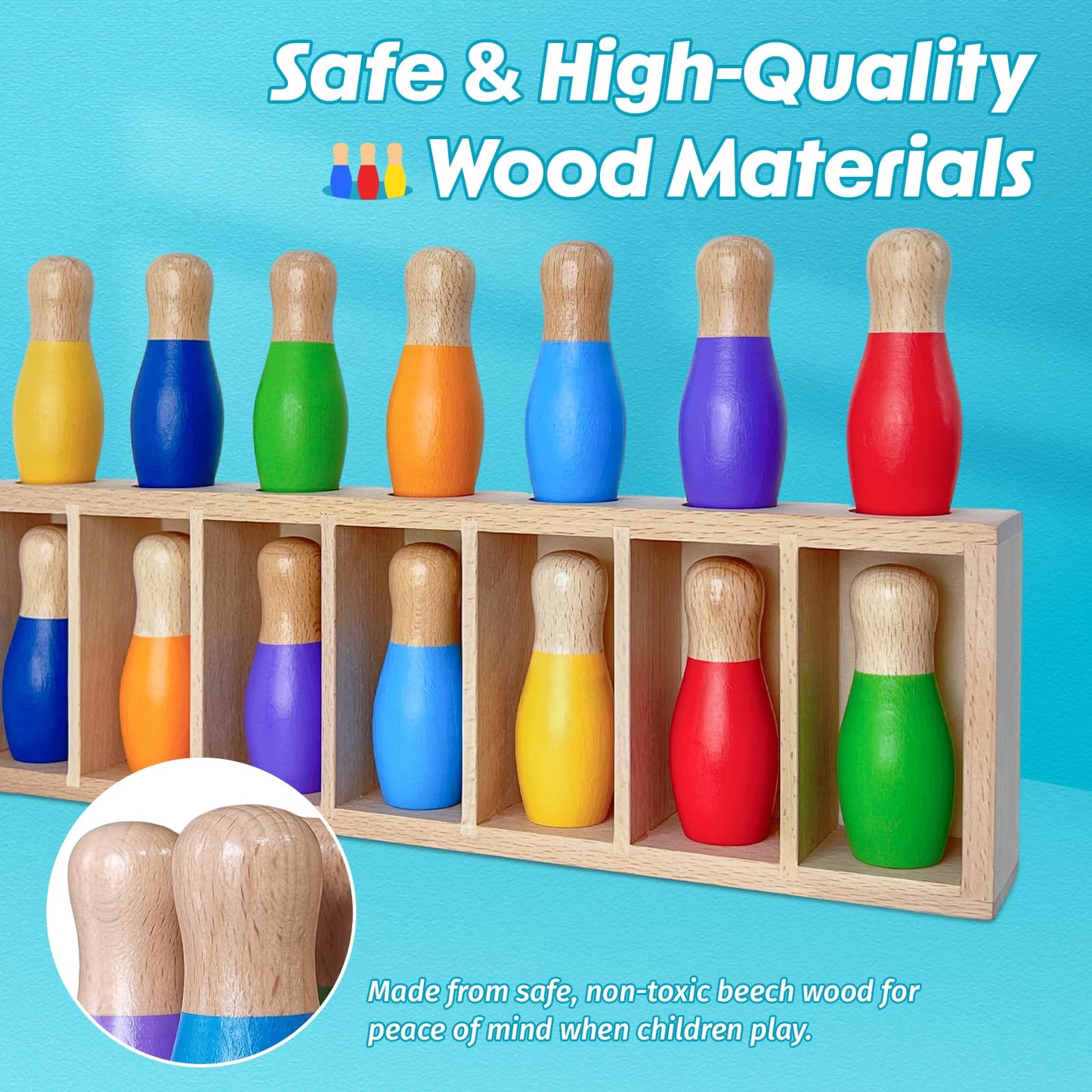 pamexin Family Games for Kids, Wooden Bowling Color Matching Game with 7 Bright Pins and Storage Bag, Family Board Games Party Birthday Gift, Fun Party Game for Boys Girls