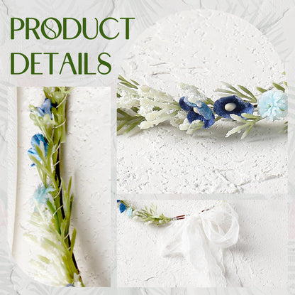 KorViSHOW Blue Flower Crown Headband, Artificial Renaissance Floral Headpiece, Fairy Elf Forest Flower Hairband for Women Girls Maternity Birthday Wedding Renfaire Festival Party Hair Accessories