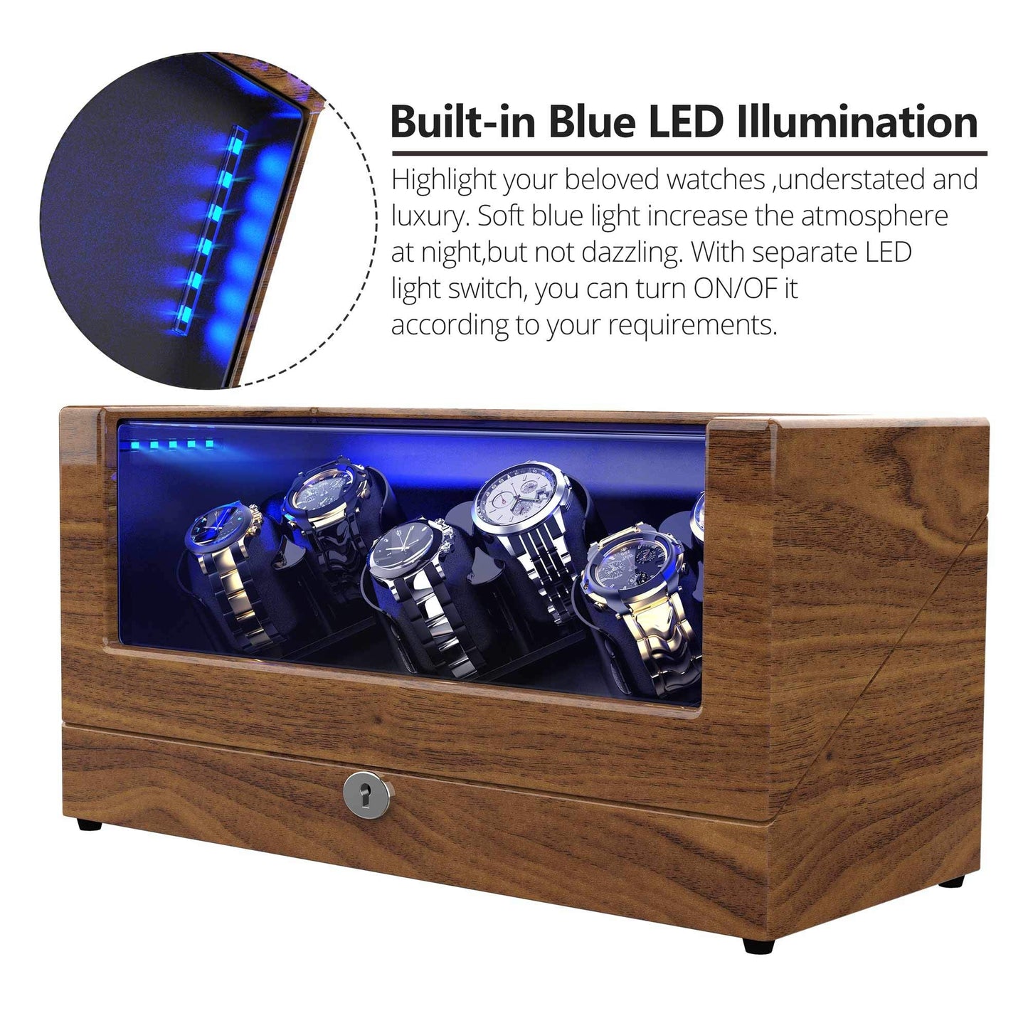 TRIPLE TREE Watch Winder, for Rolex Automatic Watches with Soft and Flexible Watch Pillows, Wooden Shell, Powered by Japanese Motor, with Built-in Blue LED Illuminated