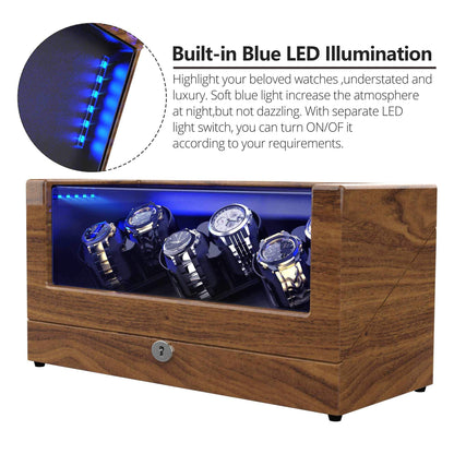 TRIPLE TREE Watch Winder, for Rolex Automatic Watches with Soft and Flexible Watch Pillows, Wooden Shell, Powered by Japanese Motor, with Built-in Blue LED Illuminated
