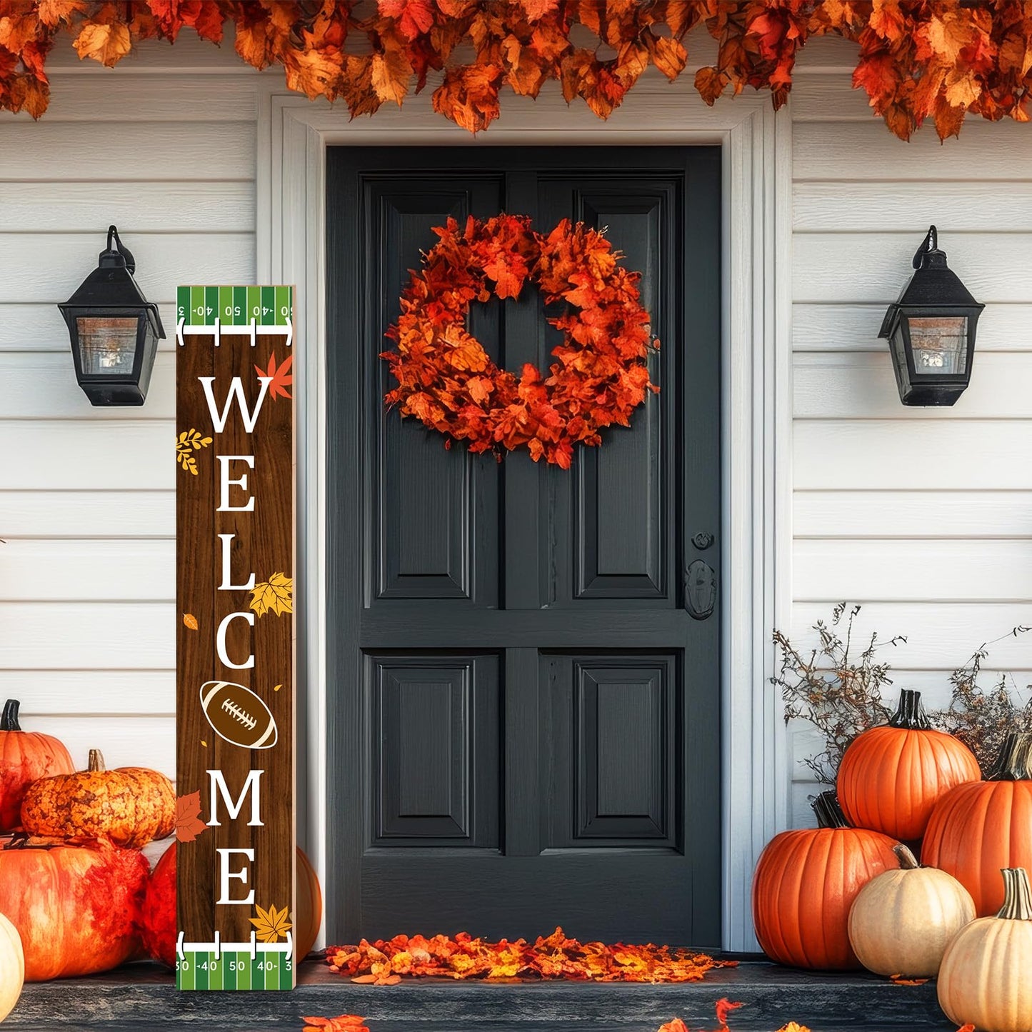 Chunful Football Welcome Sign for Front Door 47 in Fall Football Vertical Porch Decor Rustic Fall Wooden Standing Hanging Plaque for Autumn Harvest Thanksgiving Home Farmhouse Yard Decor