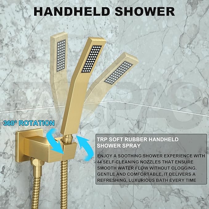 Brushed Gold Shower System with 12-Inch Rain Showerhead and Handheld | Innovative air-injection technology for low pressure, high-flow rate up to 3.22 GPM ensuring powerful consistent stream