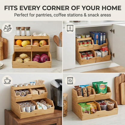 CENCODE Bamboo Pantry Storage Bins Set 5 Pieces - Stackable Baskets, Potato and Onion Storage, Bamboo Wood Storage Bins for Pantry Baskets Organization and Storage, Kitchen Essential