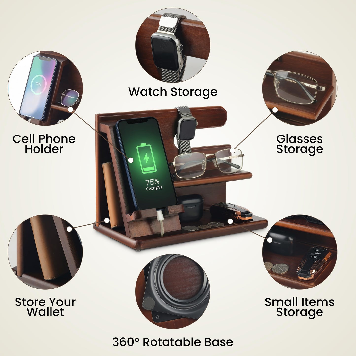 Wood Phone Docking Station for Men - 360° Rotating Nightstand Organizer with Rotating base, Charging Slot, Holds watch, Wallet, Keys, Eyewear - Birthday Gifts for Men & Women, Bedroom or Office Use, Dark Brown