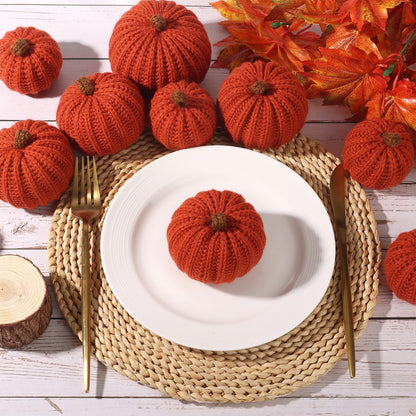 12-Pack Fall Crochet Pumpkins Handmade Fall Decor Set with 2.36, 3.15, 4inch Sizes Knit Pumpkins Farmhouse Thanksgiving Table Centerpiece, Halloween Decorations (Dark Orange)