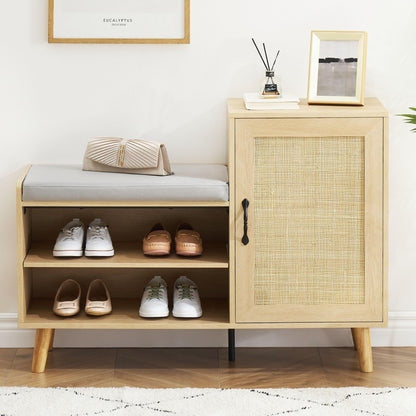 GAOMON 2-in-1 Natural Rattan Shoe Storage Bench with Upholstered, Shoe Cabinets with Adjustable Shelf, Home Entrance Shoe Rack for Hallway Living Room Bedroom Dorm and Small Apartment