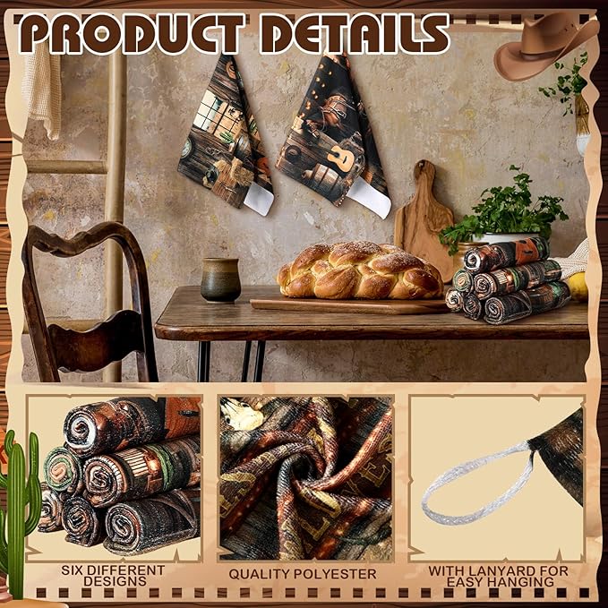 Breling 6 Pcs Western Cowboy Scene Kitchen Towel Wooden House Barn Vintage