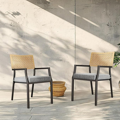 Grand Patio Outdoor Dining Chair Set of 2, 2-Piece Stackable Wicker Chairs with Cushions and Armrest for Restaurant, Garden, Porch, Lawn and Poolside