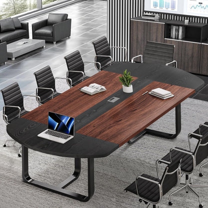 8FT Conference Table, 94.5" D x 47.3" W x 29.5" H Oval Meeting Table with Rectangle Grommet, Modern Seminar Boardroom Table for Office Conference Room (8ft, Walnut & Black)