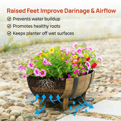 Gardenised 2-Piece Rectangular Half Barrel Flower Pots Rustic Farmhouse Style Faux Wood Planter Containers for Indoor & Outdoor Use Perfect for Displaying Decorative Garden Florals Herbs & Succulents