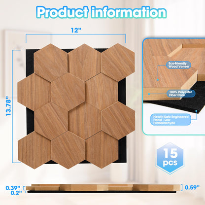Wood Panels for Wall Hexagon, 15PCS 13.78" x 12" (17.2ft²) Acoustic Wall Panels, Wood Slat Wall Panel for Interior Wall Decor, Living Room, Bedroom, Office, Chestnut Walnut Sound Proof Wall Panels