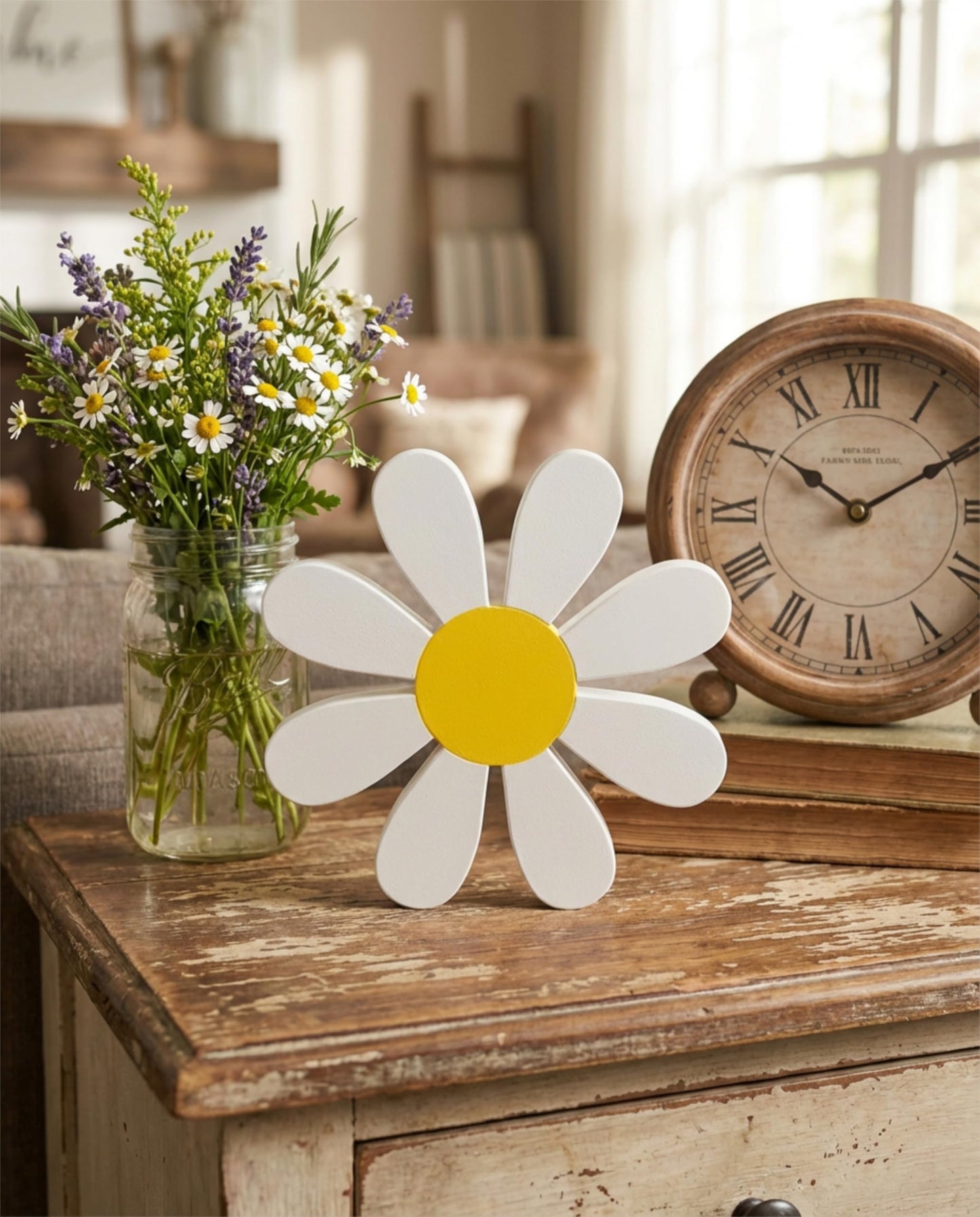 Idle Made Daisy Decor Shelf Sitter Set - Spring Decorations for Home, Tiered Tray, Mantel, Bookshelf, Nursery - Daisy Table Decor, Spring Decor, Made in USA, White