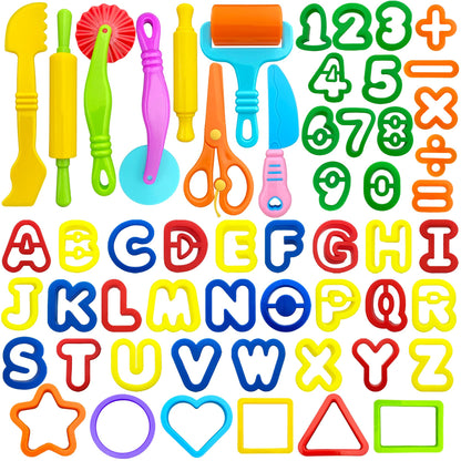 iShyan Dough Tools 55 PCS Dough Play Tools Set for Kids, Plastic Alphabet Numbers Shapes Cutters, Rollers, Scissors