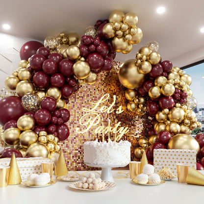 Burgundy Balloon Arch Garland Kit with Burgundy Maroon Gold Confetti Balloons for Birthday Graduation Bridal Shower Party Decorations