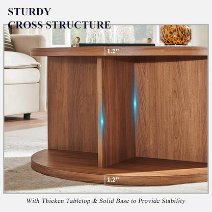 JXQTLINGMU Round Coffee Table for Living Room, 32" Modern Center Table with Cross Support Structure & Open Storage Cubby, Wood Circle Cocktail Table for Small Space, Apartment, Dark Grain
