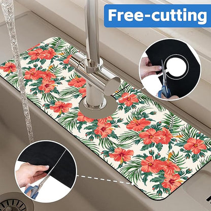 Tropical Leaves and Red Floral Kitchen Sink Splash Guard Mat Absorbent Fast