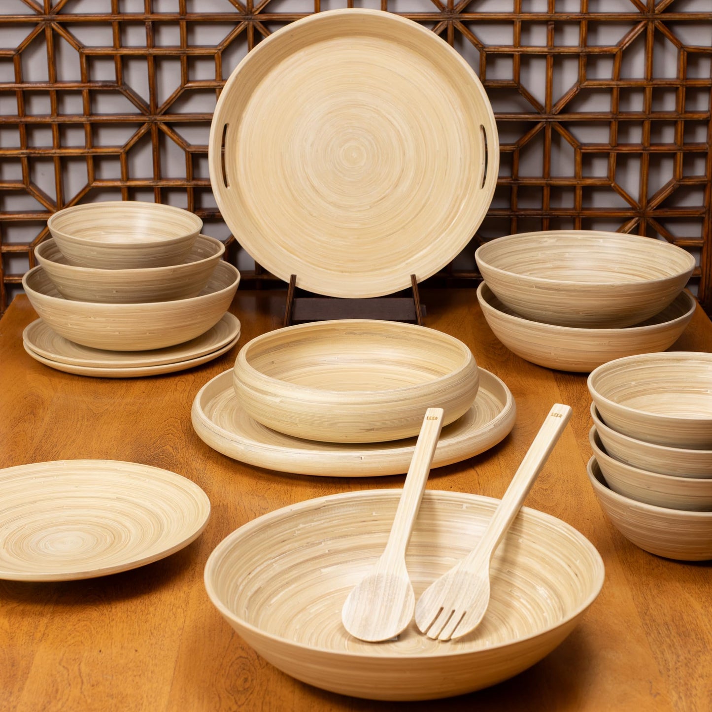 LEXA 15.7" Bamboo Round Serving Tray with Handles – Large Handcrafted Wooden Tray for Food, Ottoman, Coffee Table, Kitchen, or Charcuterie, Natural