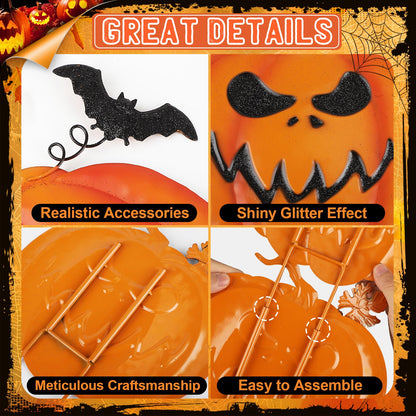 Halloween Garden Stakes, Stacked Metal Pumpkins Jack-o-Lantern Lawn Decor with Witch Hat, Shimmering Halloween Yard Signs Stake Decorative Pumpkin Stake for Outdoor Patio Pathway Home Decorations (A)