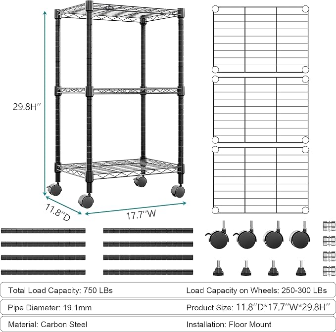 M MZG 3 Tier Shelf Metal Storage Shelves Wire Rack Closet Organizers with Wheel for Garage Kitchen Bathroom Laundry Black 11.8" D x 17.7" W x 29.8" H