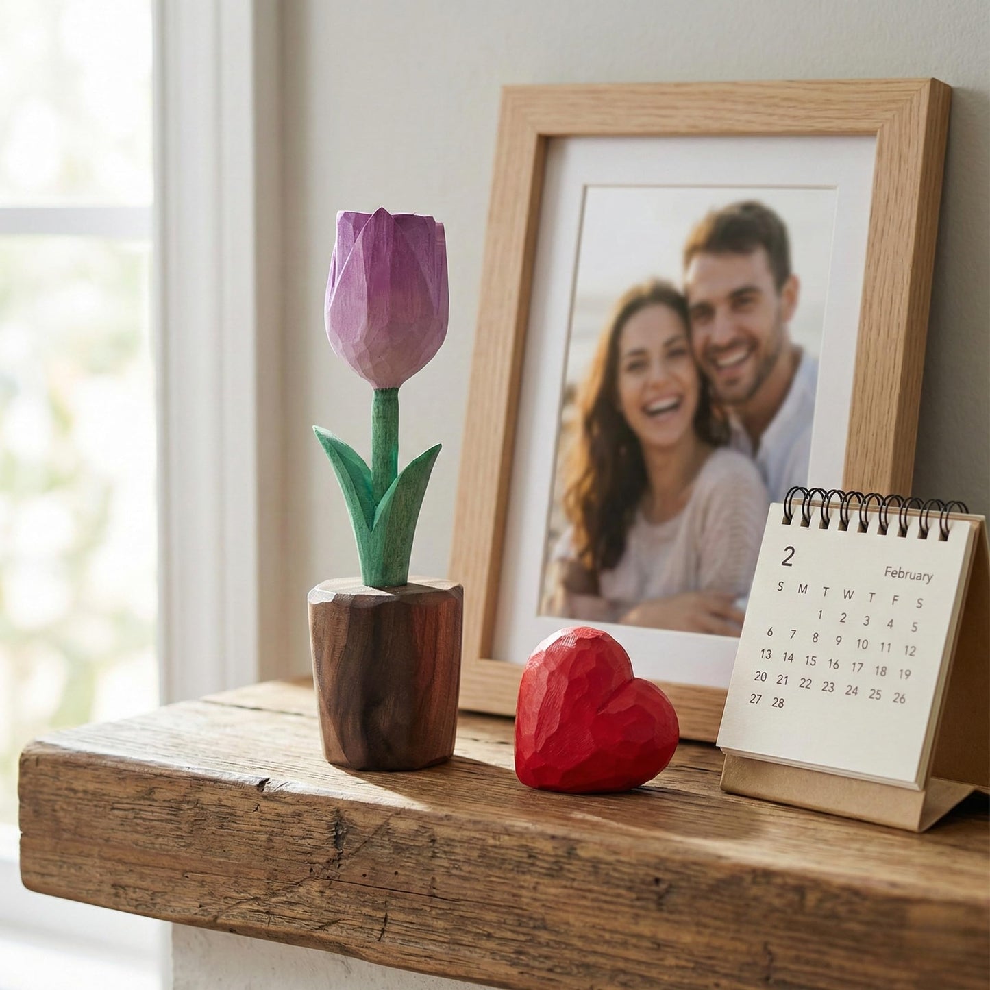 Hand Carved Wooden Tulip Flower with Red Heart Figurine in Gift Box - Everlasting Wood Sculpture for 5th, Valentine’s Day - Painted Faceted Floral Art (Lavender Purple)