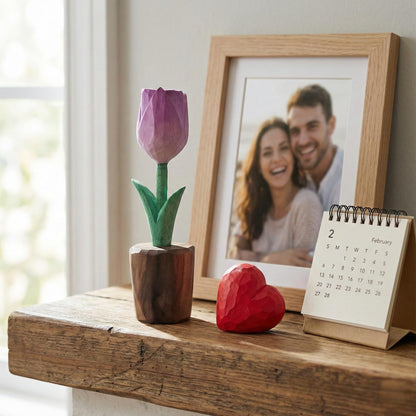 Hand Carved Wooden Tulip Flower with Red Heart Figurine in Gift Box - Everlasting Wood Sculpture for 5th, Valentine’s Day - Painted Faceted Floral Art (Lavender Purple)