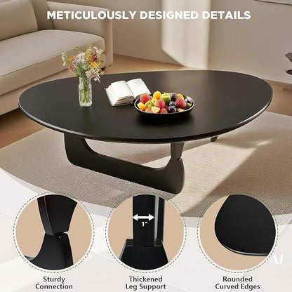 Solid Wood Triangle Coffee Table,Unique Mid Century Modern Oval Coffee Table,Irregular Geometric Tea Tables for Home Living Room with Wooden Tabletop and Reinforced Legs Black 50" L x 31" W x 16" H