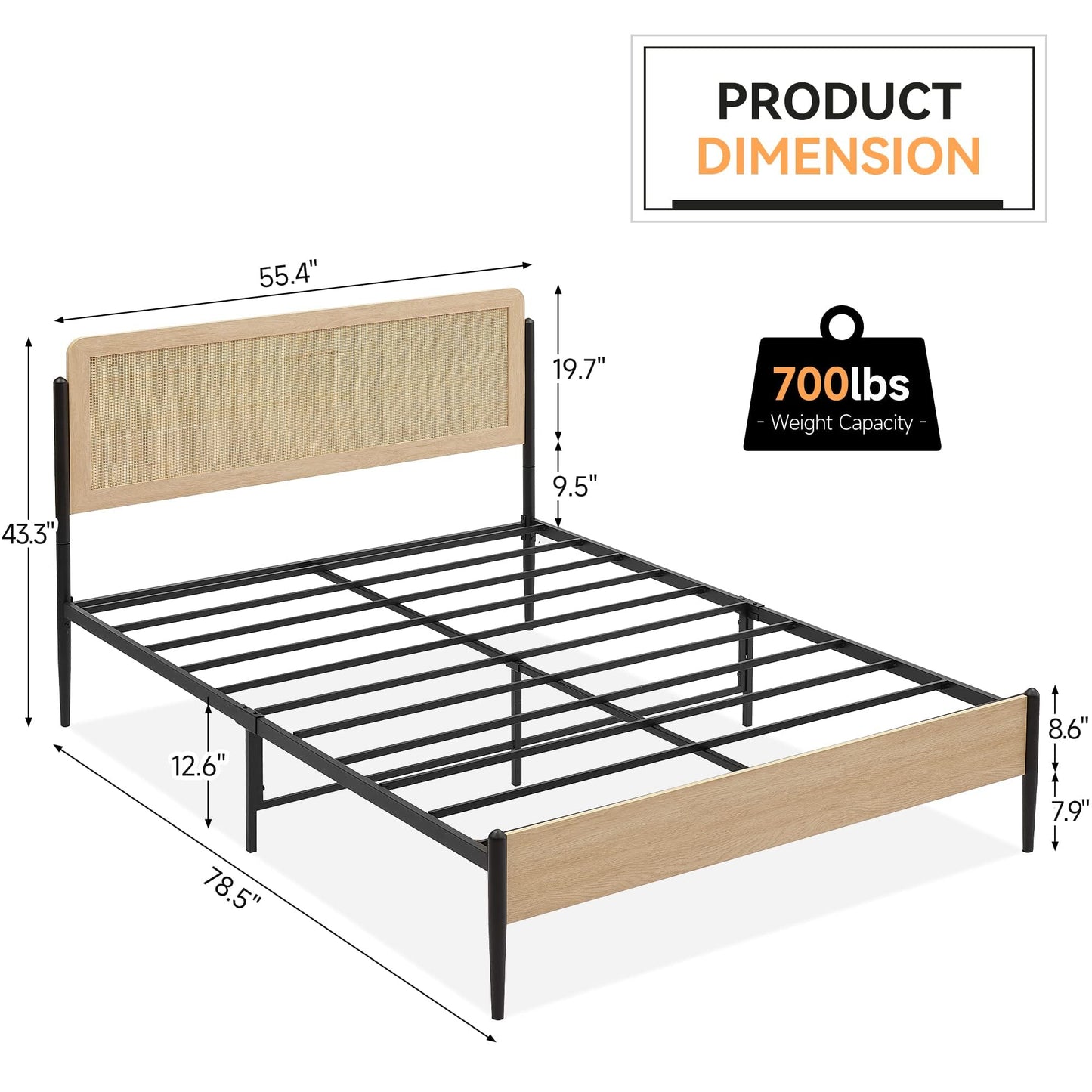 GAOMON Full Size Bed Frame with Natural Rattan Headboard and Wooden Footboard, Heavy Duty Metal Platform Bed Frame with Storage, Mattress Foundation Easy Assembly No Box Spring Needed, Rattan
