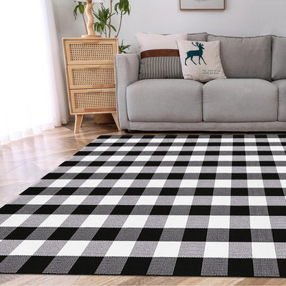 YINMEIJU Buffalo Plaid Rug 5.5'x7.5'Black and White Area Rug,Washable Cotton Woven Indoor/Outdoor Rug for Farmhouse/Dining Room/Bedroom/Living Room Rug Retro Lattice Checkered Carpet