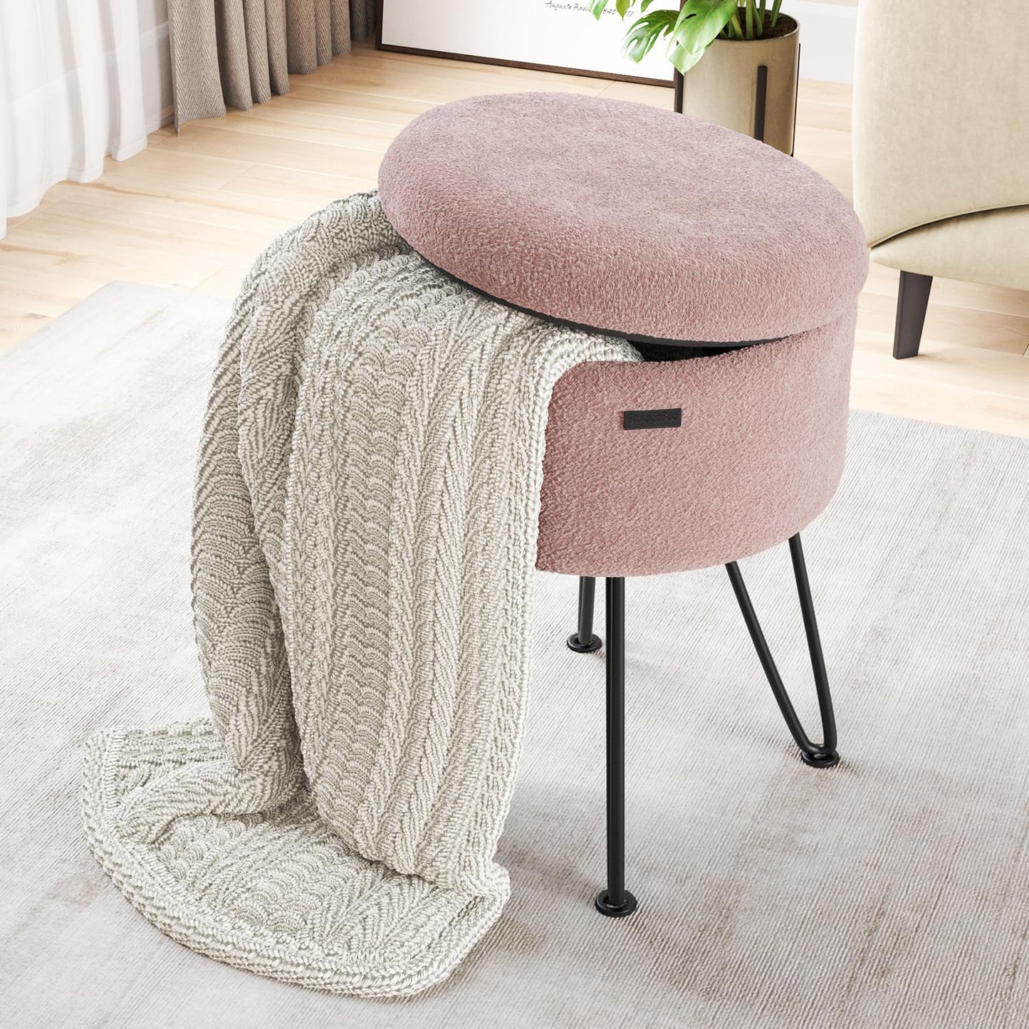 STORAGEBUD Round Ottoman with Storage, Boucle Storage Ottoman, Foot Stool Ottomans, Makeup Vanity Stool, Small Ottomans Foot Rest, Modern Vanity Stools for Living Room and Bedroom, Pink