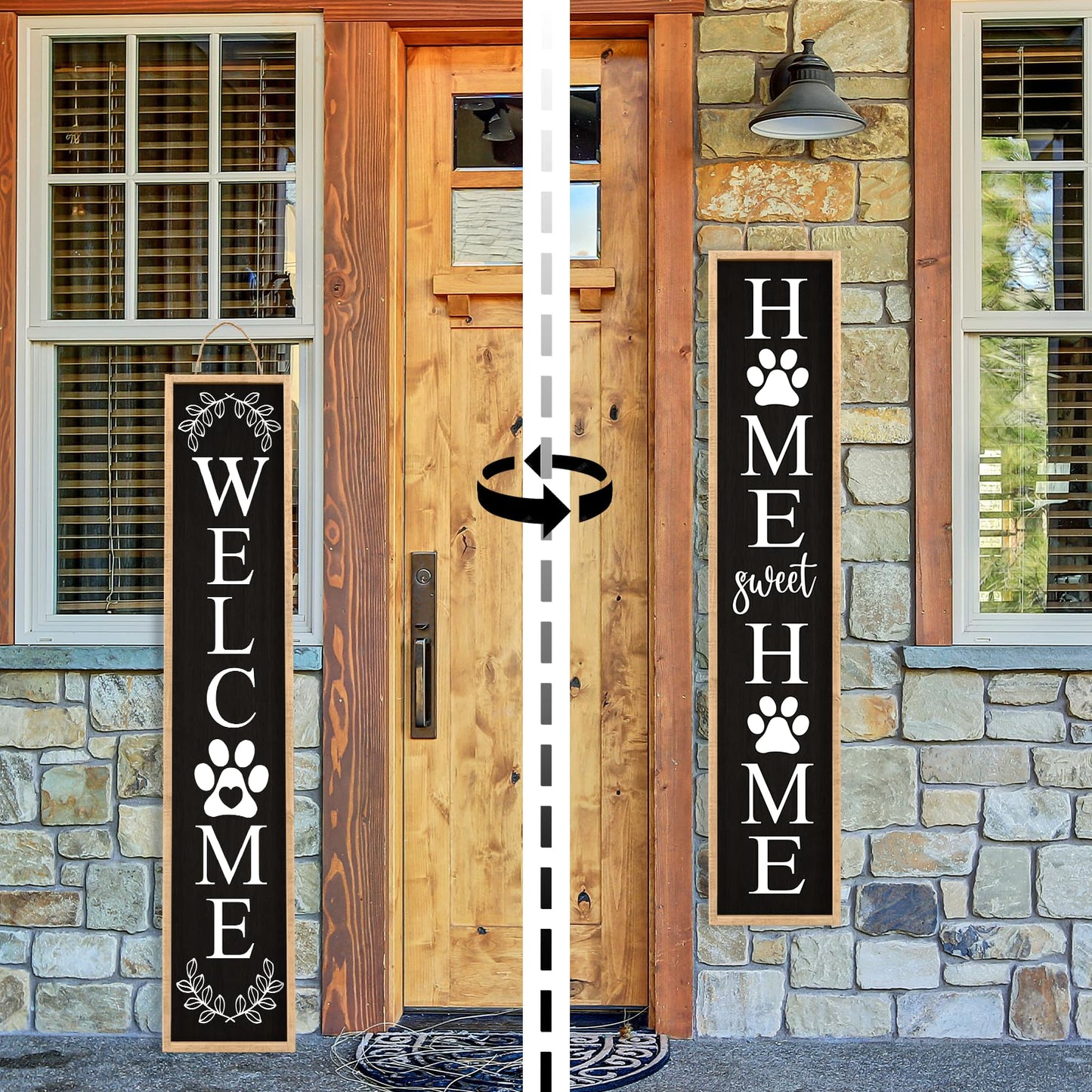 Aurapeak Outdoor Welcome Sign for Front Porch Door Decor, Home Sweet Home Sign Door Outside Standing Large 2 Sided Dog Paw Farmhouse Modern Wooden Frame Vertical Leaner (45"X9" Wood Black)